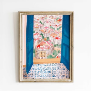 Vibrant Cityscape Watercolor Print – Unique Handmade Art – Mediterranean Urban View – Colorful City Wall Art for Modern Interiors