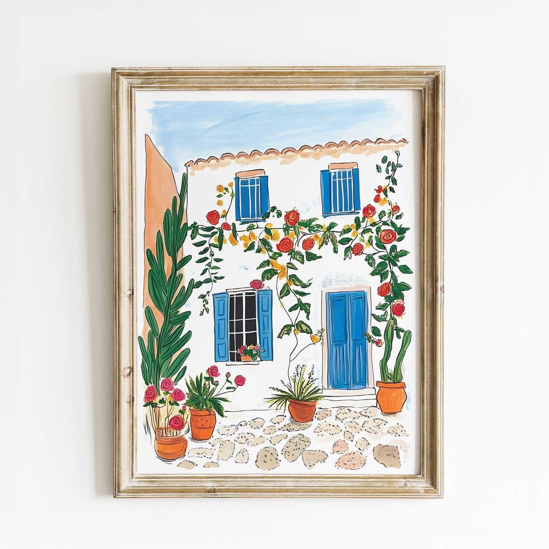 Mediterranean Courtyard Print – Blue Door Wall Art – Floral Watercolor ...