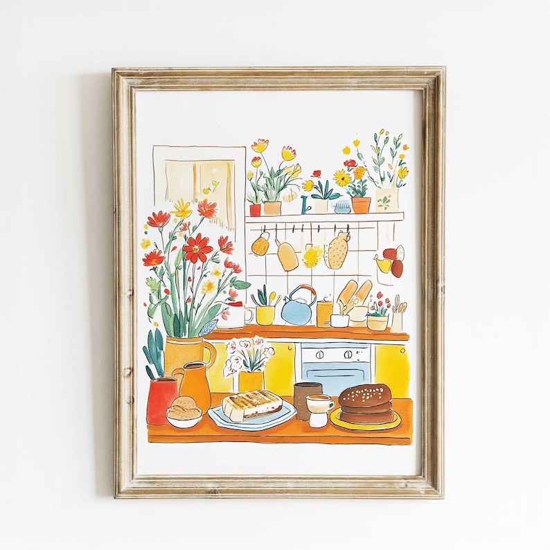 rustic cozy kitchen art prints under $7 shipped |... Cozy Kitchen Watercolor Print – Floral Kitchen Wall Art – Rustic ...