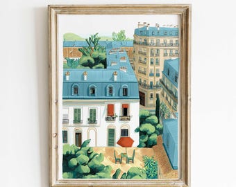 Parisian Rooftop View Unique Handmade Art – French Balcony Watercolor Print – Vibrant Cityscape Wall Art – European Home Decor