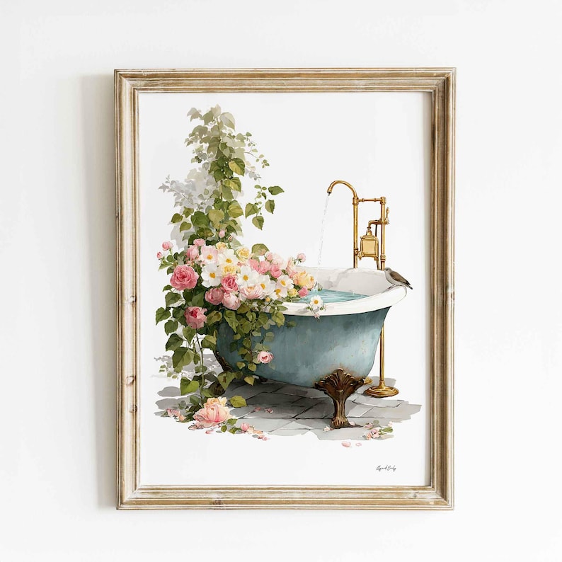 Floral Clawfoot Tub Watercolor Art Print - Vintage Bathroom Wall Decor ...