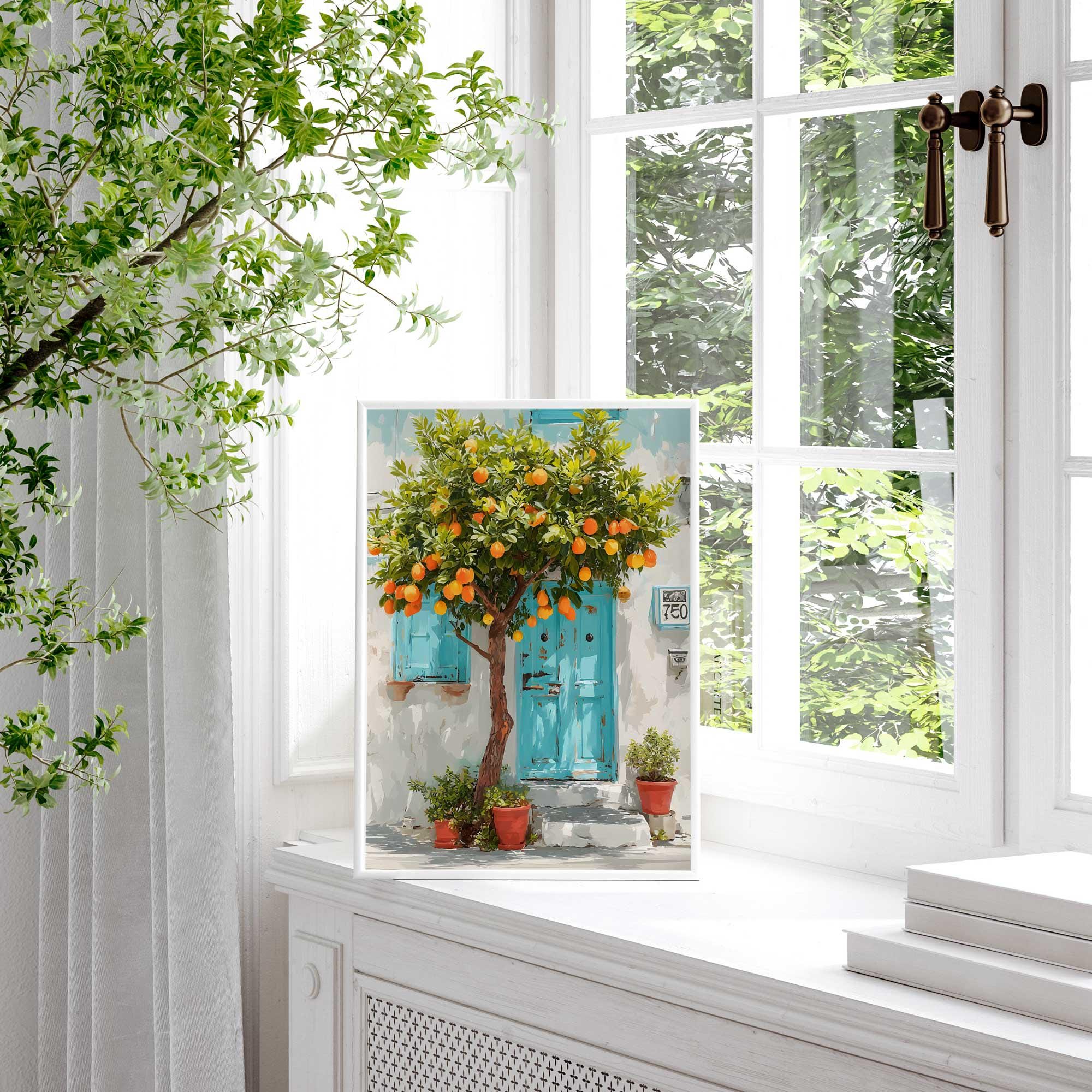 Mediterranean Orange Tree Wall Art Print, Blue Door Coastal Painting ...