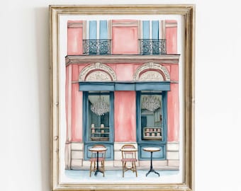 Paris Cafe Facade Watercolor Print – French Bakery Wall Art, Romantic Pink Bistro Poster, Parisian Architecture Decor for Kitchen or Café