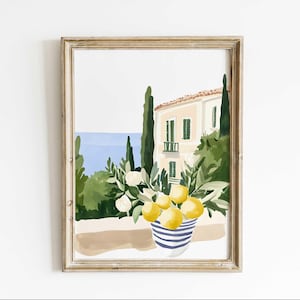 Stampa ad acquerello di Lemon Tree Coastal Italy – Arte della casa mediterranea, villa e scena di mare, riproduzione di opere d'arte fatte a mano, arte unica