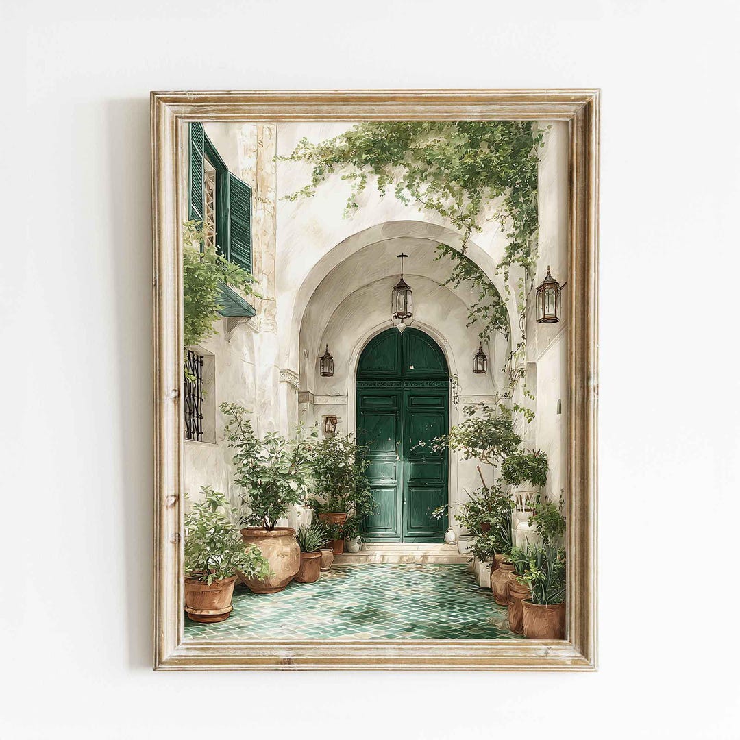 Mediterranean Courtyard Watercolor Art Print - Elegant Green Door Wall ...