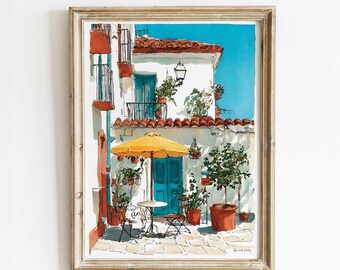 Könnte beinhalten: Aquarelldruck einer europäischen Straßenszene. Das Kunstwerk zeigt ein weißes Gebäude mit einem roten Ziegeldach, blauen Türen und einem gelben Sonnenschirm über einem kleinen Tisch und Stühlen. Topfpflanzen und ein strahlend blauer Himmel vervollständigen die Szene.