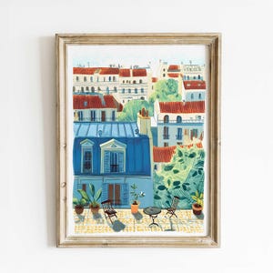 Impresión en acuarela de un balcón en la azotea de París: arte único hecho a mano, arte mural urbano, decoración en rojo y azul, póster de un balcón francés