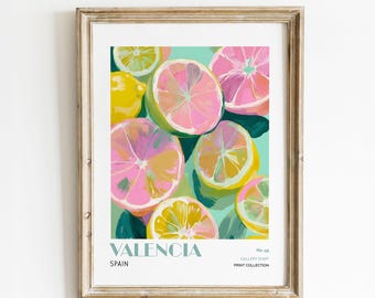 Valencia Spain Citrus Digital Print | Colorful Lemon & Grapefruit Wall Art | Modern Kitchen Decor | Fruit Instant Download Printable Poster