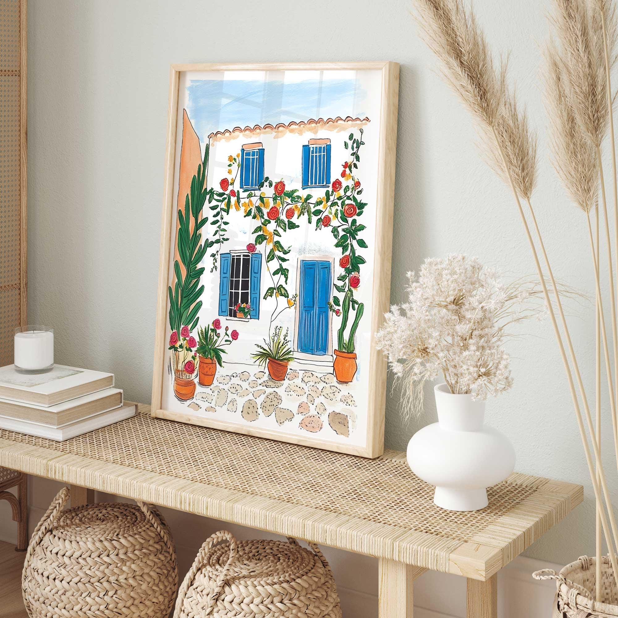 Mediterranean Courtyard Print – Blue Door Wall Art – Floral Watercolor ...