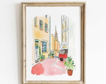 London Street Scene Watercolor Print – Unique Handmade Decor, Travel Wall Art, European Architecture, Cityscape Home Decor
