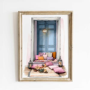 Boho Leseecke Wandbild – Aquarell Illustration mit Bodenkissen und blauen Türen