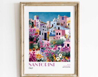 Santorini Greece Wall Art Print, Digital Greek Island Poster, Colorful Mediterranean Garden Decor, Printable Travel Art Download