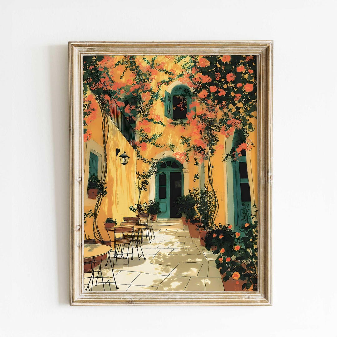 Mediterranean Courtyard Wall Art – Watercolor Print of Sunlit Cafe With ...