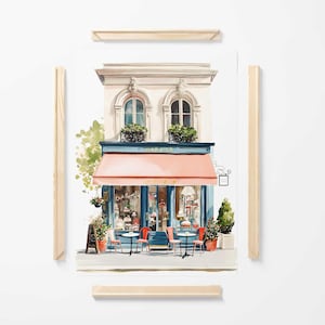 Stampa acquerello di un caffè parigino - Arte murale di una panetteria francese, illustrazione di un bistrot con tenda da sole rosa, decorazione di una caffetteria europea
