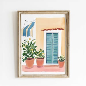 Italienischer Fenster Aquarell Druck – Mediterrane Kunst mit Kaktus und Blauen Fensterläden, Reproduktion von handgemachter Kunst