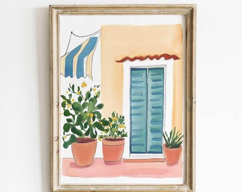 May include: A watercolour painting of a yellow building with a teal door and shutters. There are three potted plants in front of the building, two with green leaves and one with long, thin green leaves.