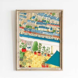 Vibrant Rooftop Garden Watercolor Print – Unique Handmade Art – Lush Cityscape Wall Decor – Order Now!