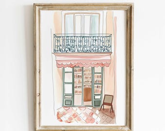 Aquarelprint boekhandel Parijs – uniek handgemaakt decor – gezellige Franse boekhandelkunst voor lezers en reizigers, literaire muurkunst