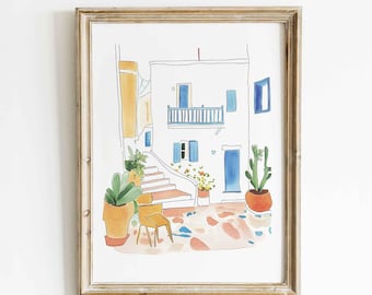 Marbella Watercolor Print – Mediterranean Street Scene Wall Art – Unique Handmade Art – Spain Travel Decor for Coastal Home Interiors