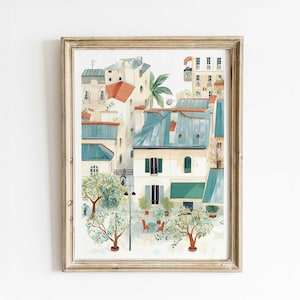 Impresión en acuarela de un patio parisino: arte único hecho a mano, exuberante jardín, paisaje urbano europeo, arte mural francés para la decoración del hogar.
