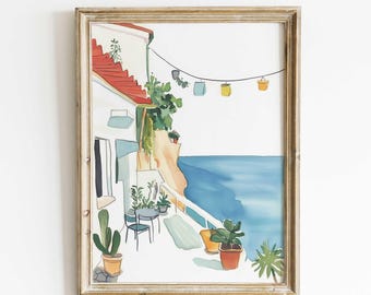 Mediterranean Watercolor Print – Coastal Wall Art, Italy Seaside Art Print, Beach House Decor, European Art Poster