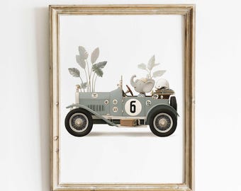 May include: A framed print featuring a vintage-style light blue car with the number 6 on the side. An elephant is driving the car, and plants are in the front. The car has black wheels and a brown box on the back. A white helmet and goggles are on the back.