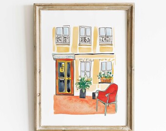 London Street Scene Watercolor Art Print – European Café View, Travel Wall Art, Cozy Home Decor, Unique Handmade Decor