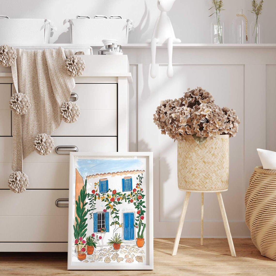 Mediterranean Courtyard Print – Blue Door Wall Art – Floral Watercolor ...
