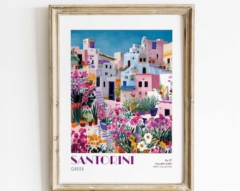 Santorini Wall Art Printable | Greek Island Floral Poster, Colorful Santorini Art Print, Digital Download, Greece Travel Print, Boho Decor