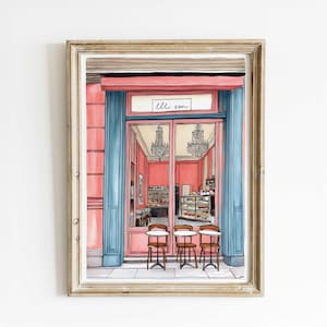 French Patisserie Watercolor Print – Pink Cafe Bakery Illustration, Paris Dessert Shop Wall Art, Cozy Bistro Decor
