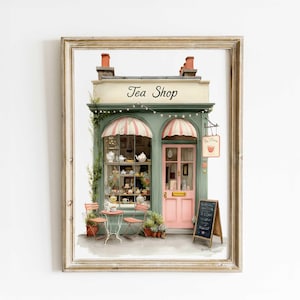 Poster con stampa artistica, affascinante stampa artistica da parete vintage con scena di strada di un negozio di tè verde rosa all'aperto