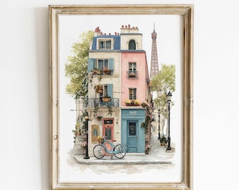 Paris Aquarell Kunstdruck | Pariser Straßenszene | Eiffelturm Wandkunst | Café Illustration | Romantisches Paris Dekor | Reise Poster