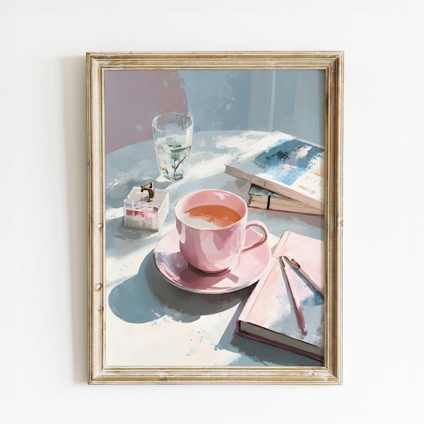 Pink Tea Cup Wall Art | Feminine Journal Illustration | Cozy Morning Still Life Print | Pastel Minimalist Kitchen Decor