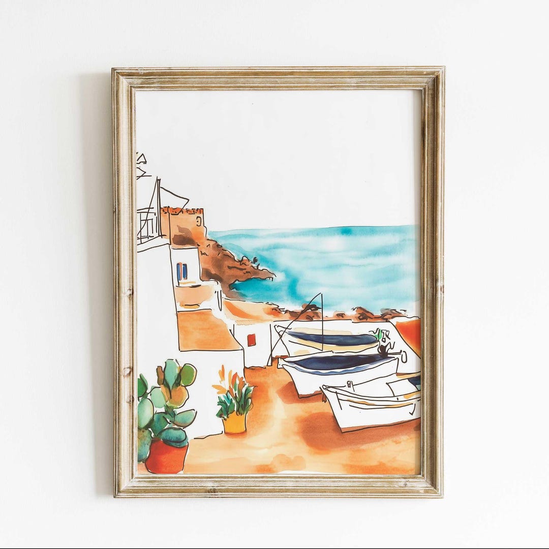 Mediterranean Seaside Watercolor Print – Coastal Wall Art, Greece ...