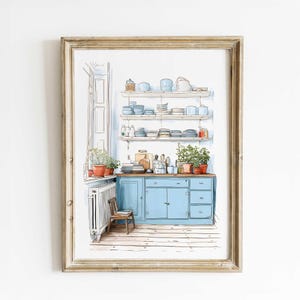 Arte murale da cucina vintage: stampa scandinava ad acquerello di armadietti blu e ripiani aperti
