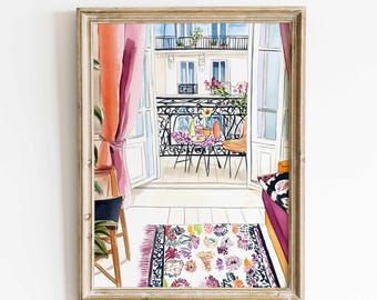 Paris Balcony Watercolor Print – French Cityscape, Cozy Home Art, European Travel Decor - Paris Travel Romantic French Window Art