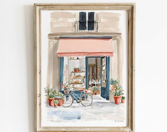 Paris Cafe Wall Art Print, Franse bakkerij aquarel, Parijse storefront schilderij.