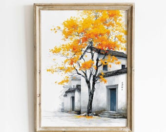 Golden Tree Autumn Wall Art | Chinese Architecture Watercolor Print | Fall Tree with Yellow Leaves