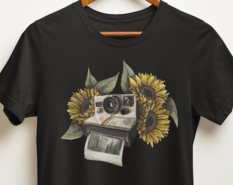 Watercolor Camera Sunflower T-Shirt, Retro Polaroid Style