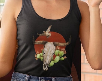 Western Bull Skull Tank Top, Country Boho alternative unisex tank, cowgirl cow skull tank, desert cactus tank, animal skeleton southern tank