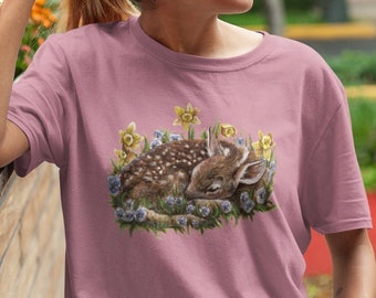 Floral Fawn Shirt, Spring Forest Wildflower tee, Baby Deer T-Shirt, Cottagecore Animal Lover Shirt, Sleeping Animal Nature Woods Shirt