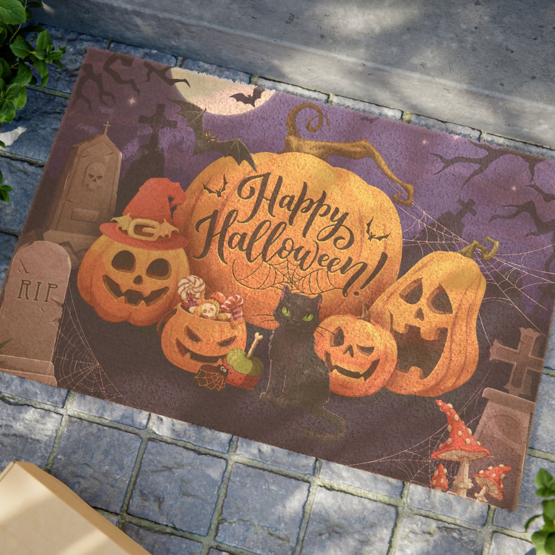 Happy Halloween Doormat Halloween Decor Spooky Doormat Bat Etsy