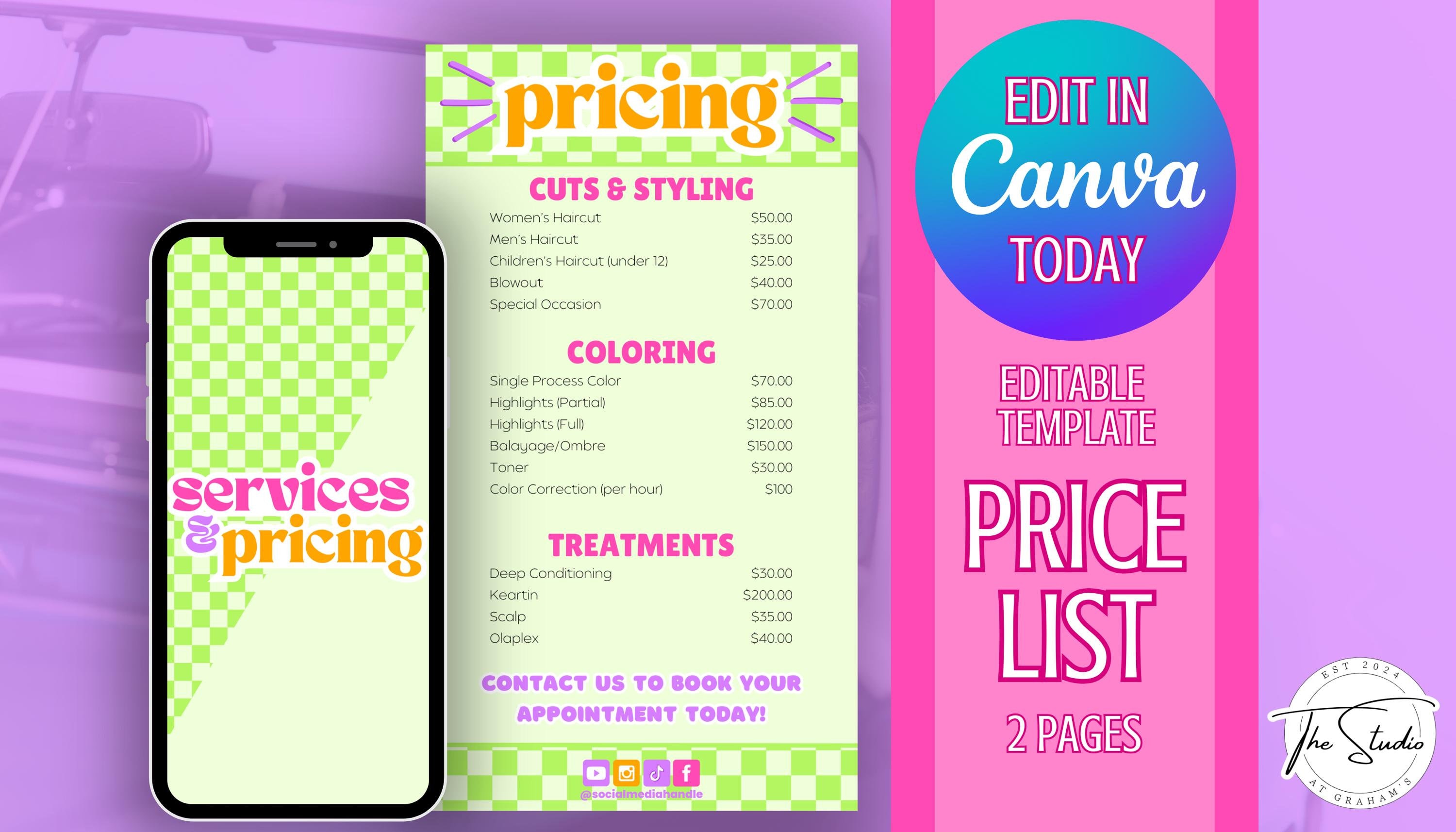 Price List Text Price List Template | Editable Canva Template, Bold and Vibrant Price ...