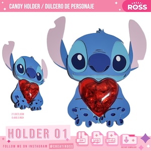 May include: Blue Stitch character holding a red heart-shaped candy holder. The holder is filled with red candy. The image includes the text "CANDY HOLDER/ DULCERO DE PERSONAJE" and "HOLDER 01".