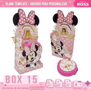 Puede incluir: Una plantilla imprimible para una caja de favor de fiesta de Minnie Mouse rosa y dorada. La caja presenta una cabeza de Minnie Mouse con un lazo rosa y lunares, una letra dorada "A" y un diseño de Minnie Mouse rosa y dorado. El texto "BOX 15" está impreso en la parte inferior de la caja.