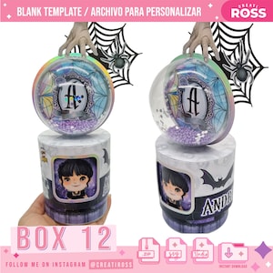 Puede incluir: Un conjunto de 12 cajas de regalo para fiestas de Halloween imprimibles. Cada caja presenta una esfera de plástico transparente con un diseño de purpurina púrpura y blanca, un murciélago negro y una telaraña. Las cajas están decoradas con una ilustración en blanco y negro de una niña con cabello negro y un vestido negro. Las cajas están etiquetadas como "BOX 12" y "AND".