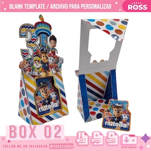 Puede incluir: Una plantilla imprimible para una caja de regalo de fiesta con temática de Patrulla Canina. La caja tiene forma de pirámide y presenta un diseño colorido con rayas y lunares. La caja tiene una ventana en la parte delantera y una solapa que se abre para revelar un espacio para un regalo. La caja también incluye una pegatina separada con un personaje de Patrulla Canina y la palabra "Nutella".
