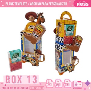 May include: A printable template for a Toy Story themed party favor box. The box is yellow and blue with a window to display treats. The box features characters from the movie, including Woody, Jessie, and Bullseye. The text "Toy Story" is printed on the box.
