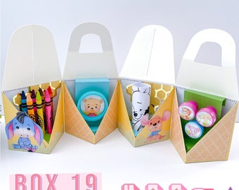 May include: A printable template for a Winnie the Pooh themed box. The box is made of six panels that fold together to create a cube. The box is decorated with Winnie the Pooh characters and honeycomb patterns. The box is designed to hold small gifts or favors. The text "BOX 19" is printed on the front of the box. The text "FOLLOW ME ON INSTAGRAM @CREATIROSS" is printed on the bottom of the box. The text ".ZIP, sug, Sudis, INSTANT DOWNLOAD" is printed on the bottom of the box.