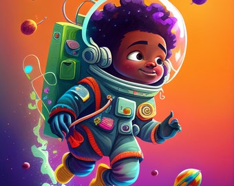 Black Astro Boy Cartoon | Space Art Kids | Astronaut Boy | Black Boys Nursery | Printable Digital Download | Space Nursery | Black Kids Room